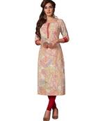 Women's Beige & Maroon Cotton Printed Straight Fit Readymade Kurta/Kurti