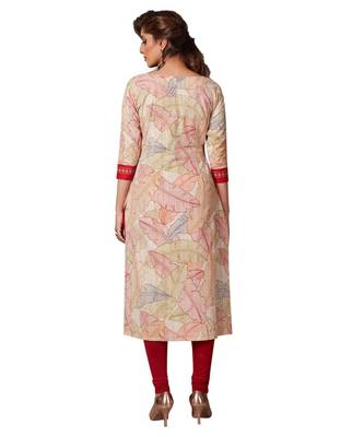 Women's Beige & Maroon Cotton Printed Straight Fit Readymade Kurta/Kurti 2