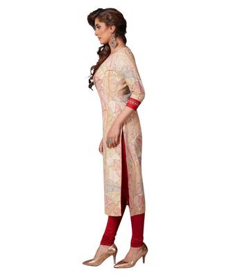Women's Beige & Maroon Cotton Printed Straight Fit Readymade Kurta/Kurti 3
