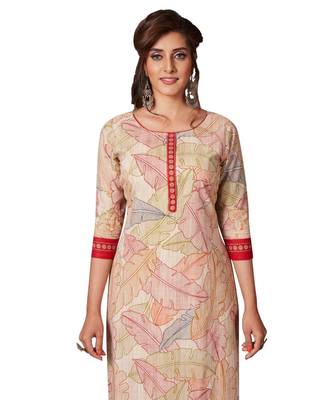 Women's Beige & Maroon Cotton Printed Straight Fit Readymade Kurta/Kurti 4