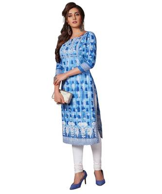Women's Blue & White Cotton Printed Straight Fit Readymade Kurta/Kurti 1