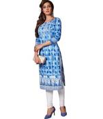 Women's Blue & White Cotton Printed Straight Fit Readymade Kurta/Kurti