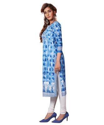 Women's Blue & White Cotton Printed Straight Fit Readymade Kurta/Kurti 3