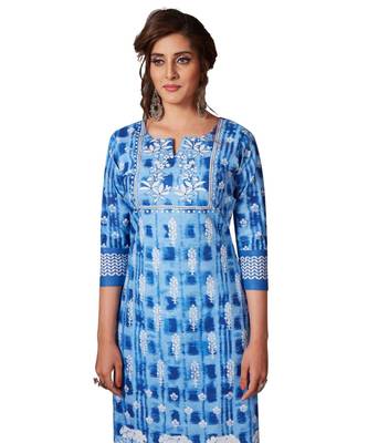 Women's Blue & White Cotton Printed Straight Fit Readymade Kurta/Kurti 4