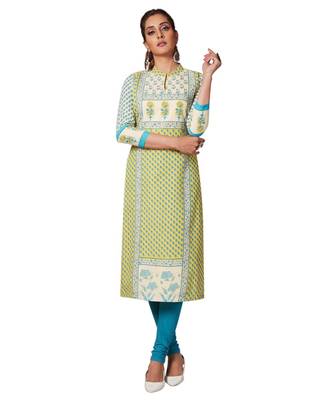 Women's Yellow & Blue Cotton Printed Straight Fit Readymade Kurta/Kurti 1