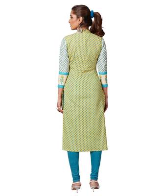 Women's Yellow & Blue Cotton Printed Straight Fit Readymade Kurta/Kurti 2