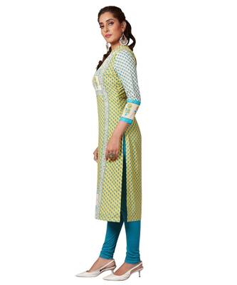 Women's Yellow & Blue Cotton Printed Straight Fit Readymade Kurta/Kurti 3
