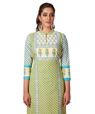 Women's Yellow & Blue Cotton Printed Straight Fit Readymade Kurta/Kurti 4