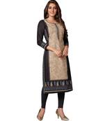 Women's Black & Fawn Cotton Printed Straight Fit Readymade Kurta/Kurti