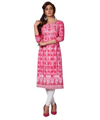 Women's Pink & White Cotton Printed Straight Fit Readymade Kurta/Kurti 1
