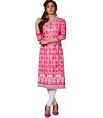 Women's Pink & White Cotton Printed Straight Fit Readymade Kurta/Kurti