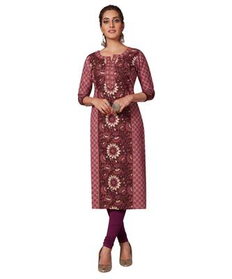 Women's Wine Cotton Printed Straight Fit Readymade Kurta/Kurti 1