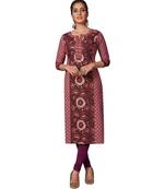 Women's Wine Cotton Printed Straight Fit Readymade Kurta/Kurti