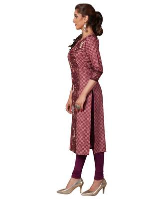Women's Wine Cotton Printed Straight Fit Readymade Kurta/Kurti 3