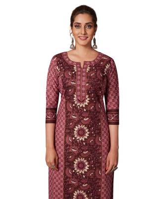 Women's Wine Cotton Printed Straight Fit Readymade Kurta/Kurti 4