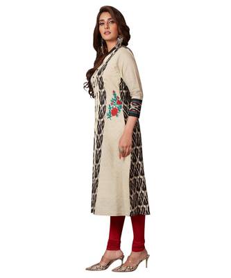 Women's Fawn & Black Cotton Printed Straight Fit Readymade Kurta/Kurti 3