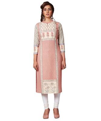 Women's Pink & Beige Cotton Printed Straight Fit Readymade Kurta/Kurti 1