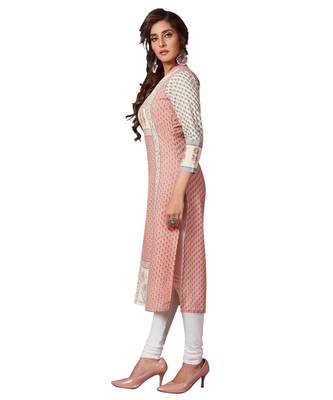 Women's Pink & Beige Cotton Printed Straight Fit Readymade Kurta/Kurti 3