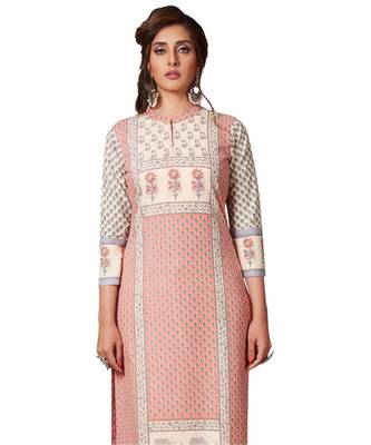 Women's Pink & Beige Cotton Printed Straight Fit Readymade Kurta/Kurti 4