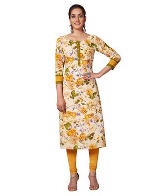 Women's Cream & Gold Cotton Printed Straight Fit Readymade Kurta/Kurti 1