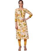 Women's Cream & Gold Cotton Printed Straight Fit Readymade Kurta/Kurti