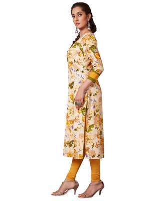 Women's Cream & Gold Cotton Printed Straight Fit Readymade Kurta/Kurti 3