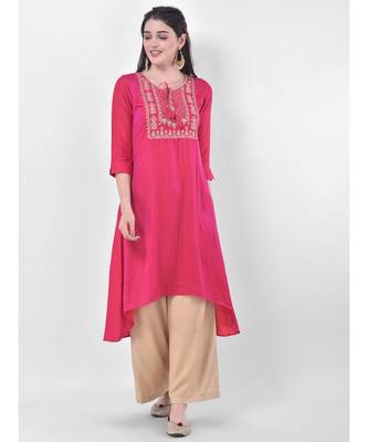 Deep Pink Embroidered A-line Kurta 1