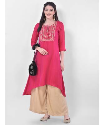 Deep Pink Embroidered A-line Kurta 4
