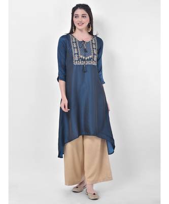 Oxford Blue Embroidered A-line Kurta 1