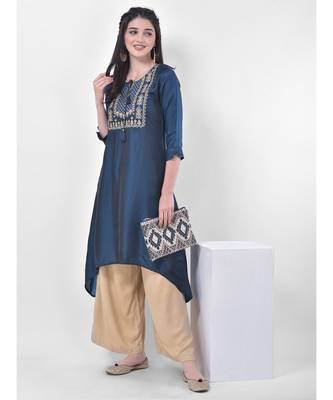 Oxford Blue Embroidered A-line Kurta 4