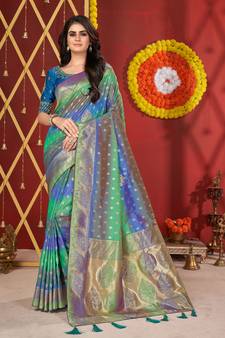 Manohari Jacquard  Blue & Green Woven Saree with Unstitched  Blouse
