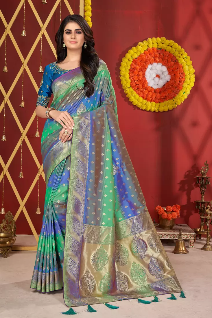 Manohari Jacquard  Blue & Green Woven Saree with Unstitched  Blouse