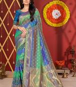 Manohari Jacquard  Blue & Green Woven Saree with Unstitched  Blouse