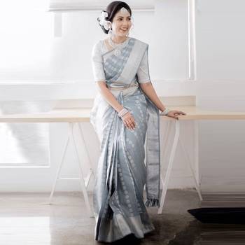 Dark Grey Kanchipuram Silk Saree With Blouse 1