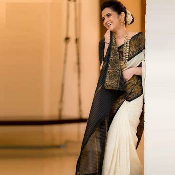 Cream SOFT LICHI SILK Saree With Blouse 1