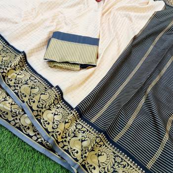 Cream SOFT LICHI SILK Saree With Blouse 3