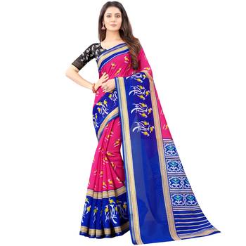 Women's Pink Ikkat Pallu Hand-block Prints Sarees With Blouse 1