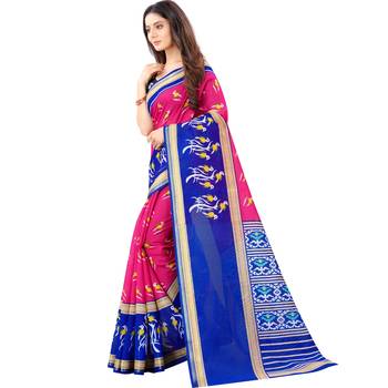 Women's Pink Ikkat Pallu Hand-block Prints Sarees With Blouse 2