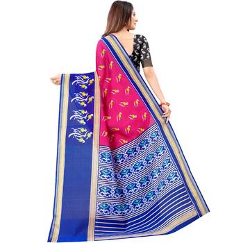Women's Pink Ikkat Pallu Hand-block Prints Sarees With Blouse 3