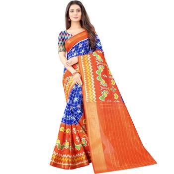 Women's Blue Ikkat Pallu Hand-block Prints Sarees With Blouse 1