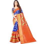 Women's Blue Ikkat Pallu Hand-block Prints Sarees With Blouse