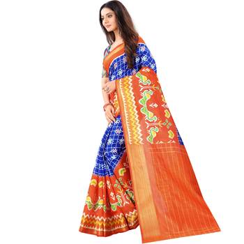 Women's Blue Ikkat Pallu Hand-block Prints Sarees With Blouse 2