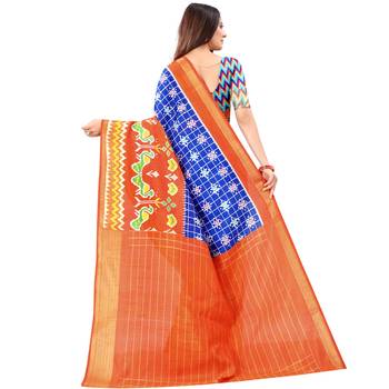 Women's Blue Ikkat Pallu Hand-block Prints Sarees With Blouse 3