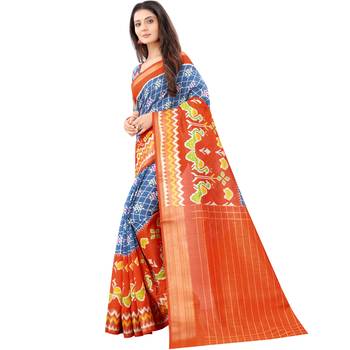 Women's Blue Ikkat Pallu Hand-block Prints Sarees With Blouse 1
