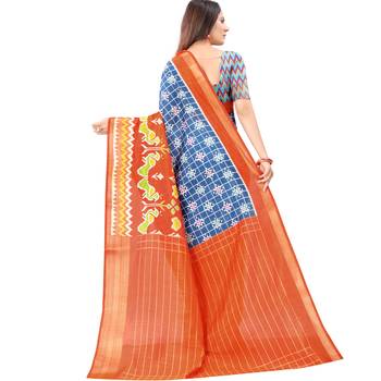 Women's Blue Ikkat Pallu Hand-block Prints Sarees With Blouse 2