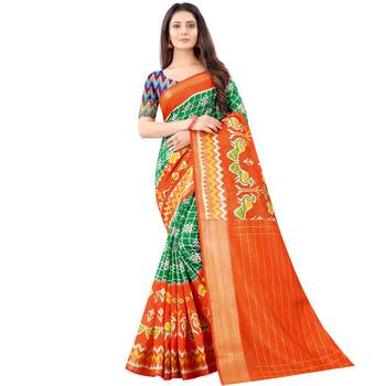 Women's Green Ikkat Pallu Hand-block Prints Sarees With Blouse 1