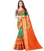 Women's Green Ikkat Pallu Hand-block Prints Sarees With Blouse