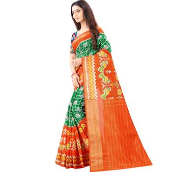 Women's Green Ikkat Pallu Hand-block Prints Sarees With Blouse 2