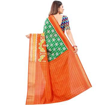 Women's Green Ikkat Pallu Hand-block Prints Sarees With Blouse 3