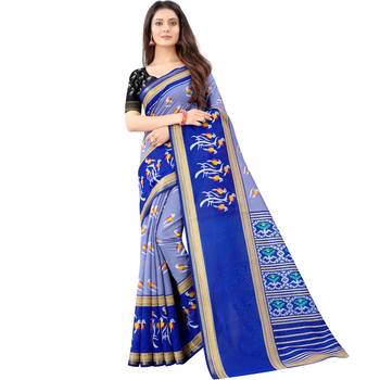 Women's Grey Ikkat Pallu Hand-block Prints Sarees With Blouse 1